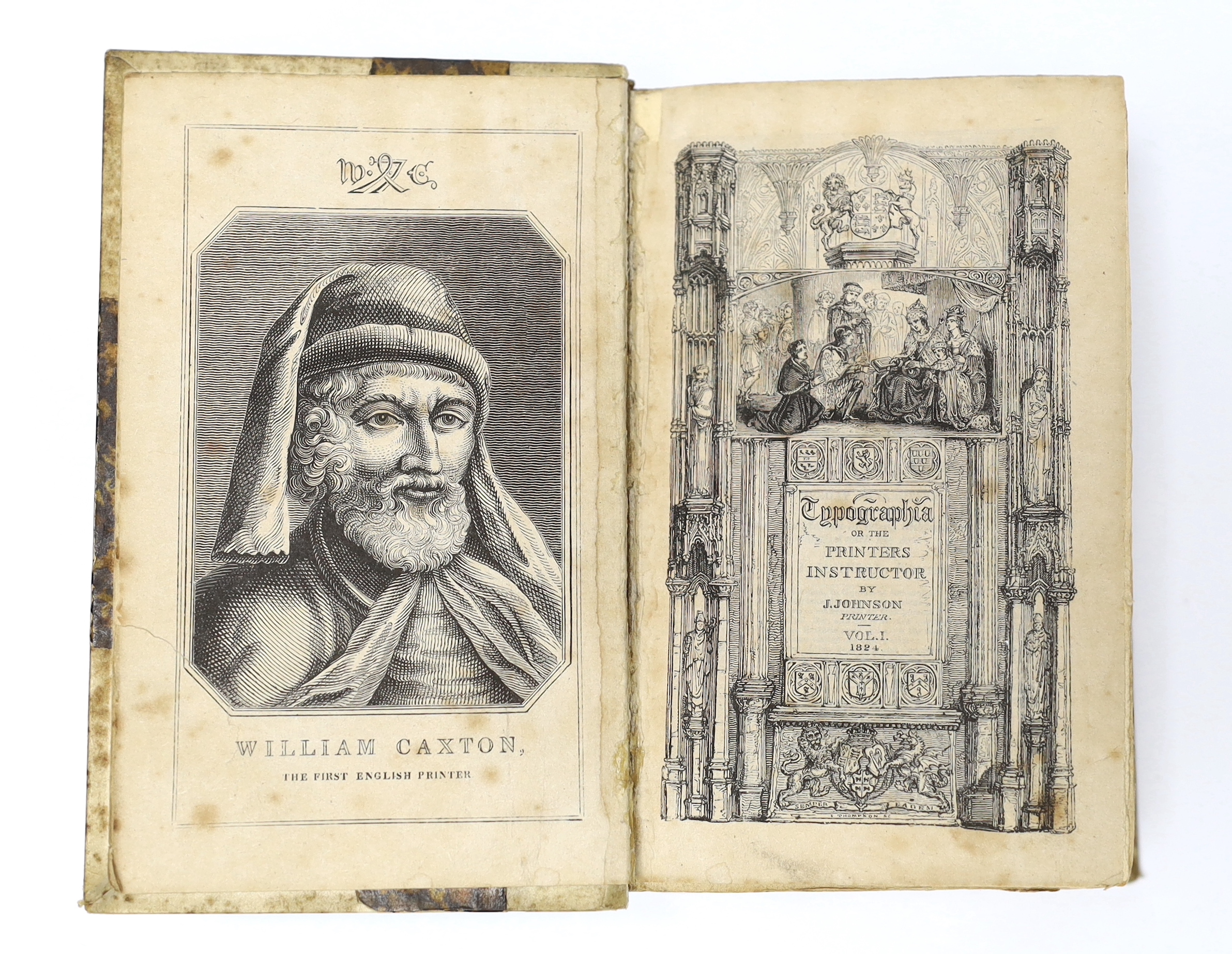 Johnson, John - Typographia, or the Printers Instructor, 2 vols, 16mo, half vellum with marbled boards, wood-engraved portraits, additional titles, and Roxburghe Club arms, illustrations and type-specimens, portrait of a